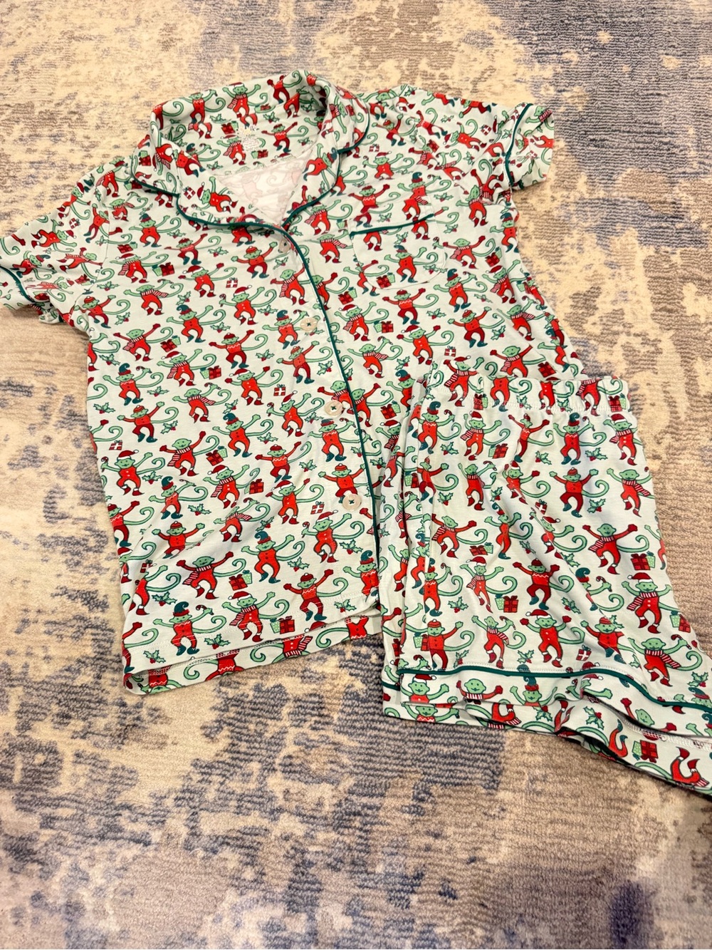 short-Sleeve Pajama Set - Mint with Red Monkey Print